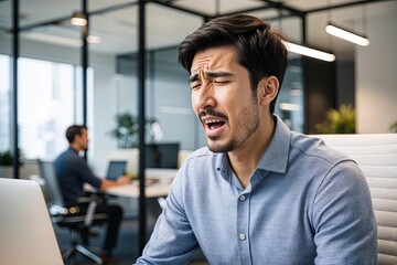Obraz premium Young Professional Struggling with Coughing Illness in Modern Tech Office Environment