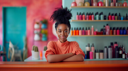A smiling  African American entrepreneur in a vibrant salon surrounded by colorful haircare products, showcasing confidence and small business ownership.