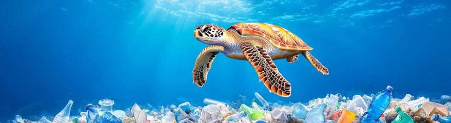 Fototapeta premium A distressing scene unfolds as plastic and waste pollute the ocean, jeopardizing marine wildlife and ecosystems, highlighting the need for immediate measures to protect and preserve our seas.