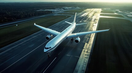 Commercial jet preparing for takeoff on runway under clear sky fast movement