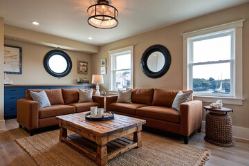 Fototapeta premium Nautical Inspired Living Room Featuring Artisan Wooden Coffee Table Cozy Brown Sofa and Scenic Porthole Window