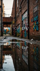 Fototapeta premium Graffiti-filled alleyway reflecting urban creativity and culture.
