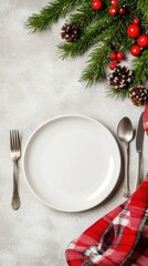 Elegant Christmas table setting with festive decorations and empty plates for holiday dining and celebrations