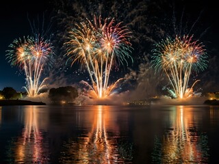 Grand fireworks finale reflected in a river, creating a stunning display.