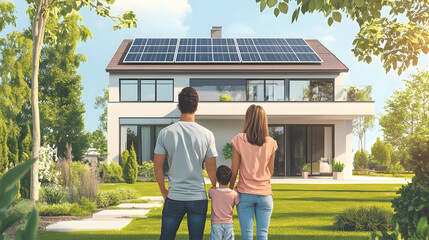 Family Standing in Front of Modern Family House with Solar Panels on Roof