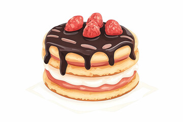 Delicious dessert illustration featuring a layered cake with creamy filling, chocolate drizzle, and fresh raspberries on top for food lovers and cravings.
