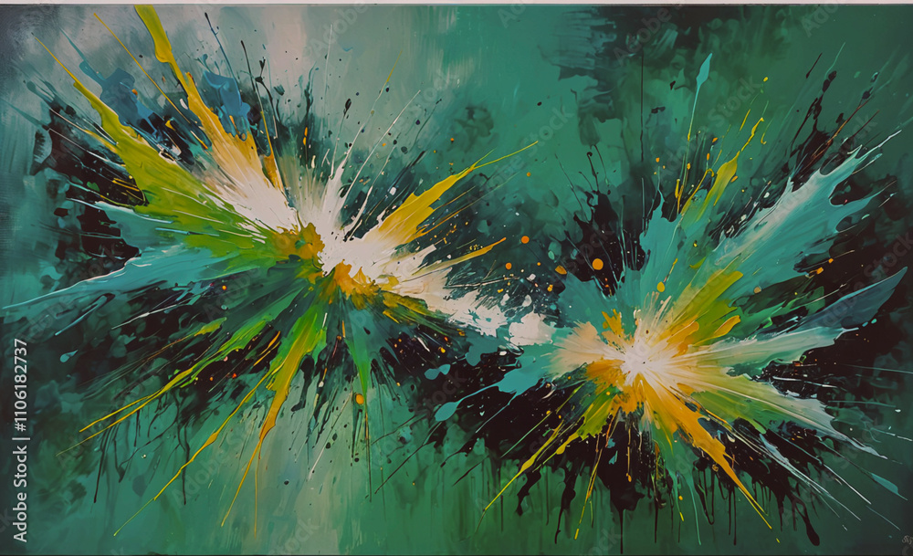 Poster the painting depicts two explosions, one green and one yellow, in the middle of the canvas. the expl