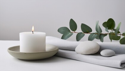 Serene spa setting with a lit candle, smooth stones, and eucalyptus branch.