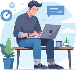 a boy is using his laptop vector