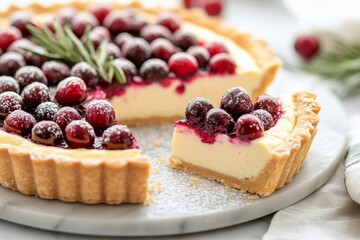 Festive cranberry tart with creamy filling and fresh rosemary decoration ready to serve