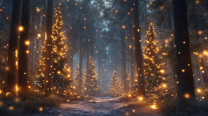 Magical forest with christmas trees and glowing lights