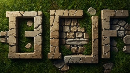 Grass and stone brick tile lettering illustration.
