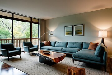Fototapeta premium Stylish Mid-Century Living Room Featuring Modern Live Edge Coffee Table and Cozy Sectional Sofa