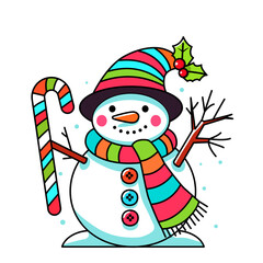 snowman with carrot in hat and scarf and christmas balls in linear style. vector illustration isolated on white background