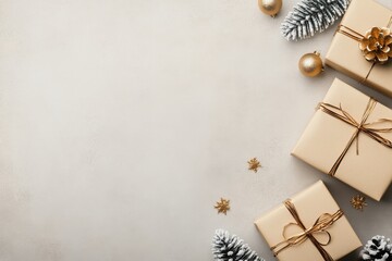 Elegant arrangement of golden gifts with festive decorations on a white background