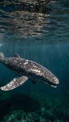 Fototapeta premium Gray whale spyhopping in Baja, Mexico's depths.