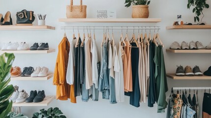 Colorful clothing displayed in a bright boutique with cozy decor and natural lighting
