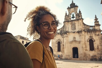 Fototapeta premium Elderly artist discusses designs with visitor outside chapel in natural light