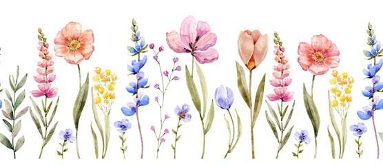 Seamless pattern with watercolor garden flowers. Hand drawn illustration.