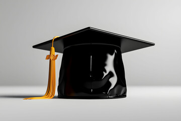 Elegant black graduation cap with a golden tassel placed on a smooth surface, symbolizing achievement and academic success in a professional setting