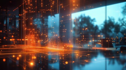 Fototapeta premium A high-tech meeting room with a glass surface showcasing zoomed-in digital charts for business planning and market analysis.