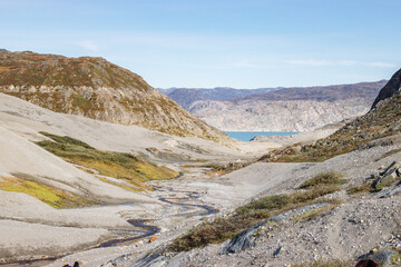 View of Qalerallit fjord and glacier in the south of Greenland