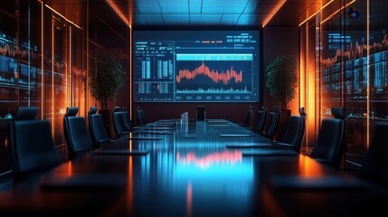A high-tech meeting room with a glass surface showcasing zoomed-in digital charts for business planning and market analysis.