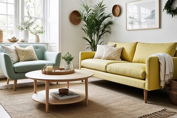 Fototapeta premium Scandinavian Round Coffee Table Beside Pale Yellow Sofa in Bright Living Room with Nature Decor