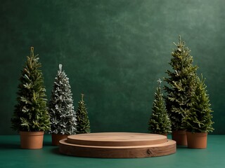 Green background with small Christmas trees and a wooden podium.