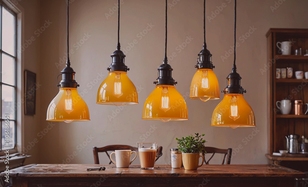 Poster table with a few yellow lights hanging from the ceiling. there are two cups on the table, one of whi
