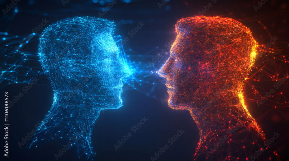 Fototapete digital heads exchange data with glowing lines and dots, representing futuristic communication and t