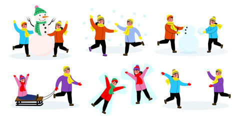 set of vector illustrations in flat style, children spend time in winter: making a snowman, playing snowballs, sledding, making snow angel.