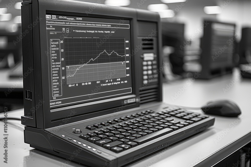 Poster black and white image of a computer with a line graph on its screen