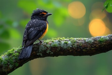 Black and Orange Bird Perched on Mossy Branch in Rain
