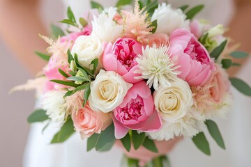 Beautiful bridal bouquet featuring pink peonies and white roses held by a bride