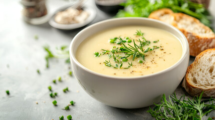 Creamy soup, herbs, & bread!