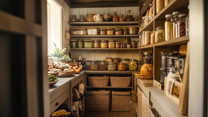 Organized food pantry closet in cozy cottage style home