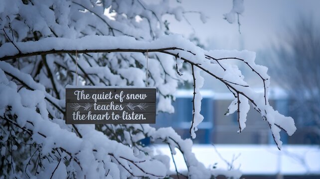Snow-covered branches with wooden sign reading "The quiet of snow teaches the heart to listen"