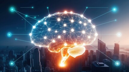 Digital Brain over City Skyline