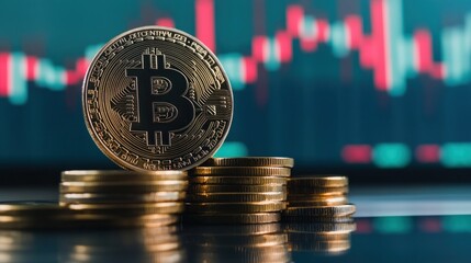 Bitcoin cryptocurrency coin on stacks of gold coins with a stock market chart in the background.