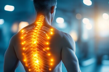 Illuminated vertebrae design showcasing human spine anatomy for medical education and healthcare awareness, highlighting bone structure and nerve pathways.