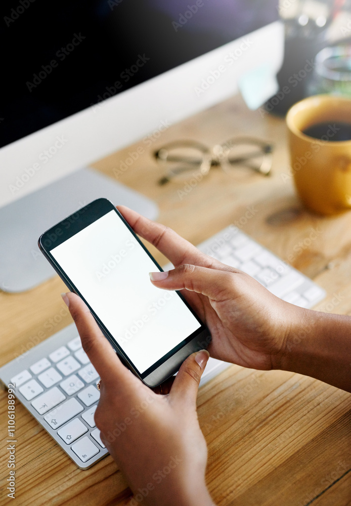 Aufkleber phone, hands and woman with blank screen, computer and work from home with freelancer. social media,