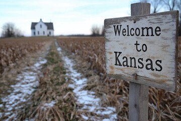 Obraz premium Welcome to Kansas sign stands beside a snowy pathway leading to a house