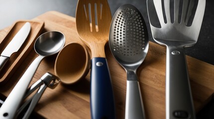 Kitchen utensils on bamboo cutting board