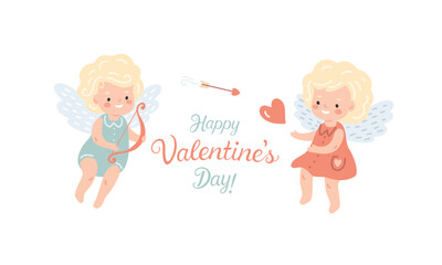 Valentine's Day holiday lettering with cartoon cherub angels, flat style illustration