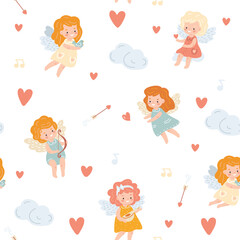 seamless pattern with cute cartoon angels with wings, vector illustration in flat style for Valentine's Day