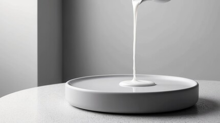 Elegant white liquid pouring on round plate