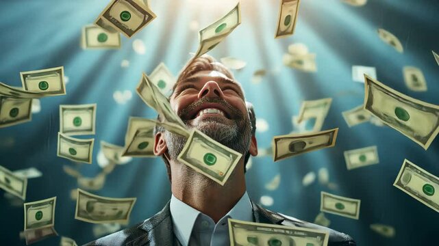 A smiling man in a suit stands under a cascade of falling money, his head tilted back in delight