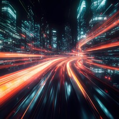 Obraz premium Futuristic high speed blurred light tail at night city. Based on Generative AI
