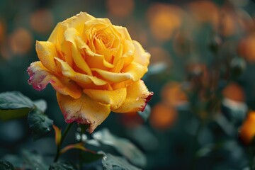 Dew-Covered Yellow Rose with Blurred Background